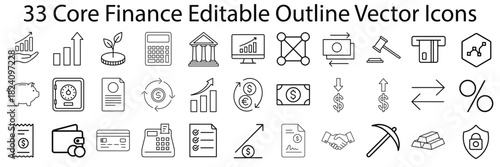Comprehensive Finance and Banking Line Icon Collection: Editable Stroke Vector Symbols for Business, Investment, and Economy