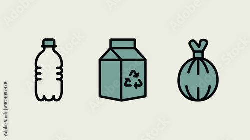 Three recycling icons showing a plastic bottle, a milk carton, and a tied garbage bag on a light background