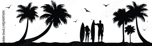 Black silhouette vector landscape of couple surfers standing with surfboards on tropical beach with palm trees and flying birds.