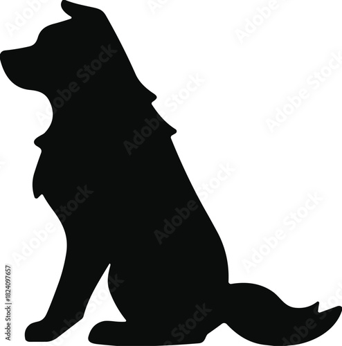 Black silhouette vector illustration of fluffy dog sitting in side profile view isolated on white background for design.
