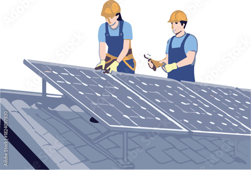 Professional technicians installing solar panels on roof wearing safety helmets and harnesses for green renewable energy concept vector illustration.