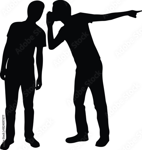 Black silhouette of two men gossiping and whispering a secret while pointing finger away isolated on white background illustration.