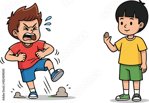Furious cartoon kid stomping foot and shouting while other boy stands calmly making stop sign hand gesture vector illustration.