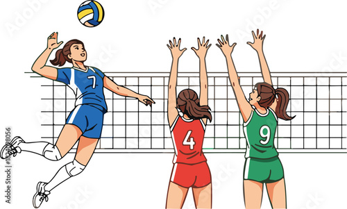Active female volleyball player spiking ball over net against two opposing blockers in professional sports match competition vector illustration.