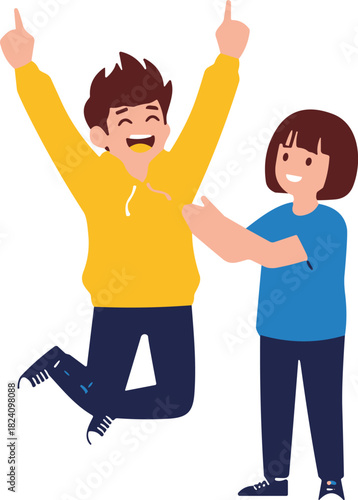 Excited teenage boy jumping high celebrating victory with smiling girl standing next to him vector illustration isolated on white.