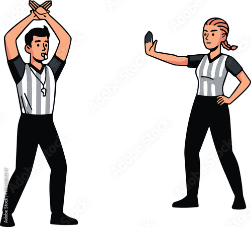 Sports referee characters set featuring man signaling time out and woman gesturing stop vector illustration isolated on white.
