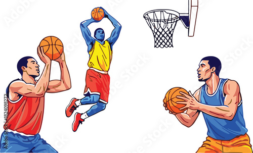 Dynamic basketball players action set featuring athletes shooting slam dunking and holding ball near hoop vector illustration isolated on white.