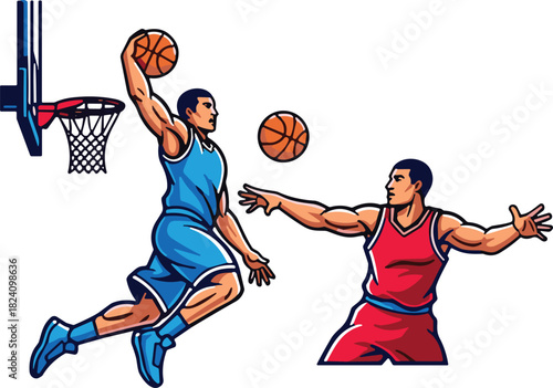 Athletic basketball player performing powerful slam dunk against defender in intense sports match competition vector illustration isolated on white.
