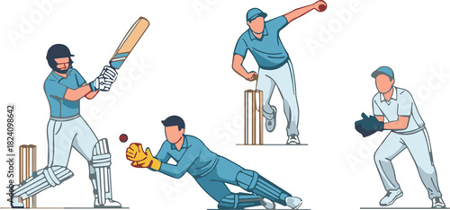 Professional cricket players set featuring batsman swinging bat bowler delivering ball and wicketkeeper catching action poses vector illustration.