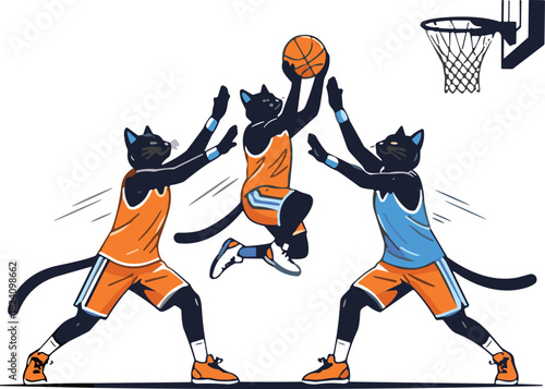 Funny black cat characters playing basketball match with player shooting ball at hoop against double block vector illustration.