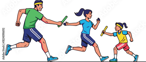 Active family running relay race together passing baton from father to mother and daughter teamwork concept vector illustration.