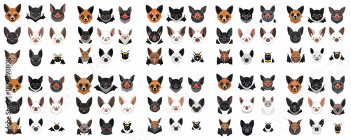 Cute Cartoon Bat Faces Collection: Diverse Vector Icons of Flying Foxes, Vampire Bats, and other Chiroptera species in various happy expressions for design.