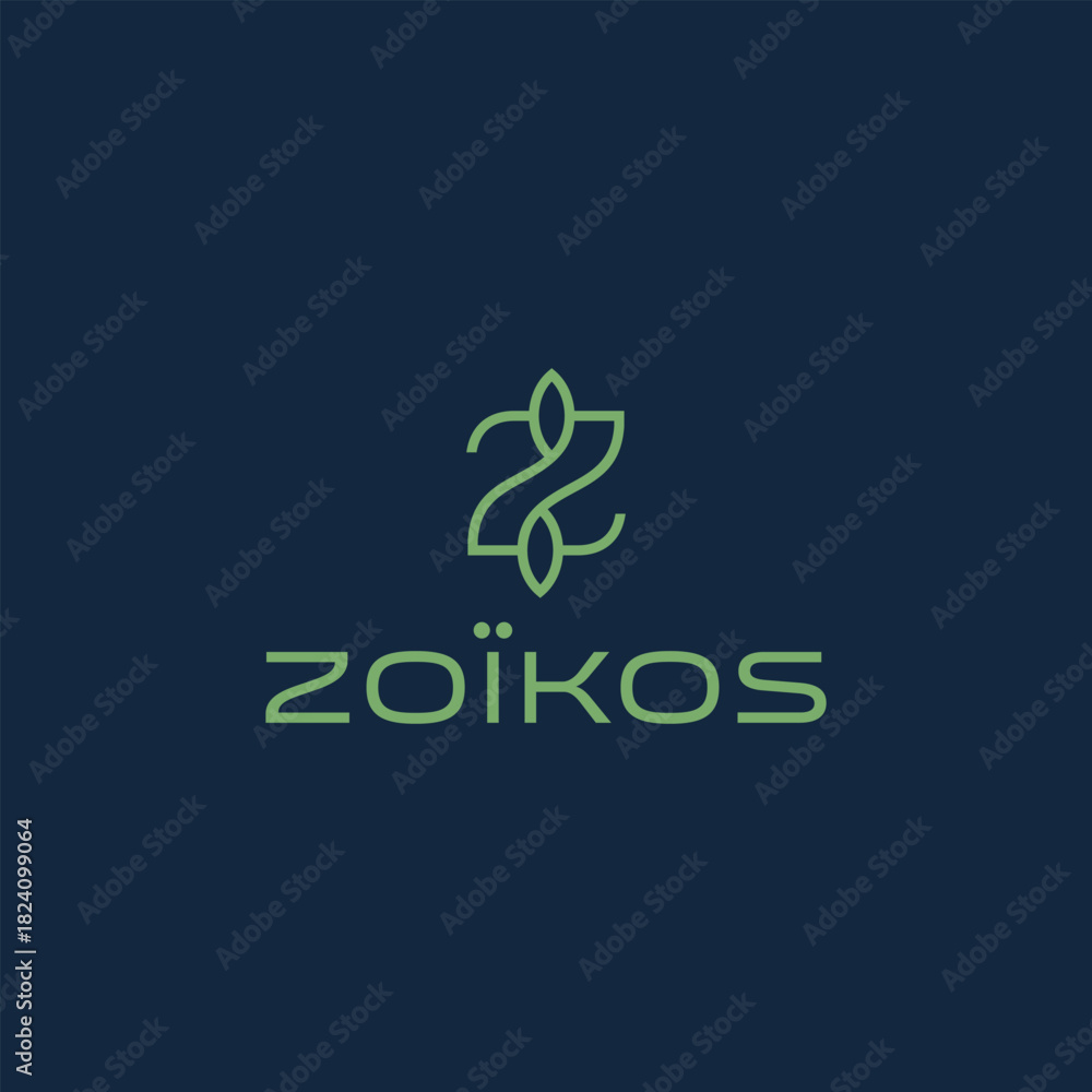 Fototapeta premium Elegant Zöikos Logo Design Featuring a Stylized Leaf and Modern Typography.