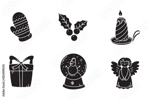 Solid black Christmas icons including mitten, holly, candle, bucket, snow globe, and angel.