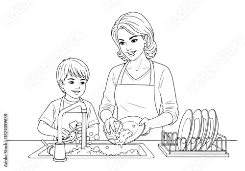 Mother and Son Dishwashing Activity Fun Family Chores for Kids - Engaging Coloring Pages