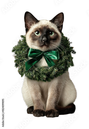 PNG Festive cat with green wreath. © Rawpixel.com