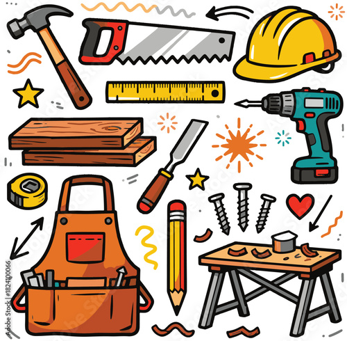 Carpenter Doodle Flat Illustration Set