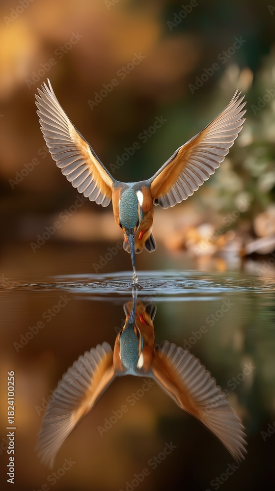 Obraz premium Vibrant Kingfisher Bird in Flight Over Water with Reflection in Natural Habitat, Capturing Wildlife and Nature Scene in Outdoor Environment