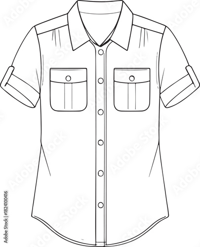 Short sleeve button up shirt flat sketch, cad drawing vector illustration