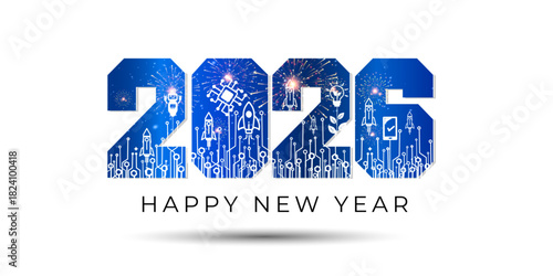 2026, happy new year festive logotype design with tech innovation concept and background.