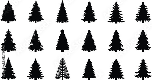 Collection of black pine tree silhouettes, evergreen forest icons, Christmas spruce fir vector elements for nature landscape design, isolated on white background, woodland plants set.