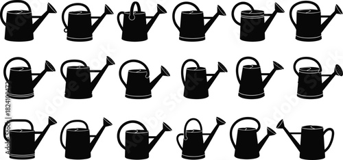 Collection of black watering can silhouettes, gardening tool icons, agriculture irrigation equipment vector illustration, isolated on white background, farm water pot set.