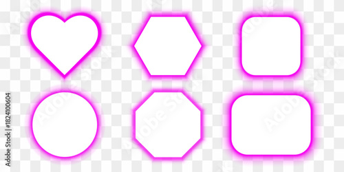 A set of white frames of different shapes with pink led backlight. 3d vector illustration isolated on transparent background.