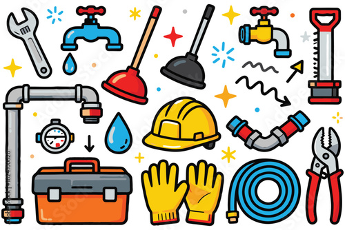 Plumber Doodle Flat Illustration Set