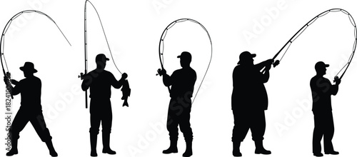 Collection of fishermen silhouettes, black vector figures of men fishing with rods, catching fish, outdoor hobby and sport activity concept, isolated on white background