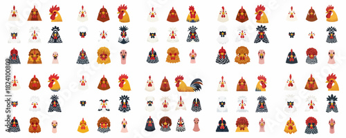 Cute Vector Set of Diverse Chicken and Rooster Breed Heads.