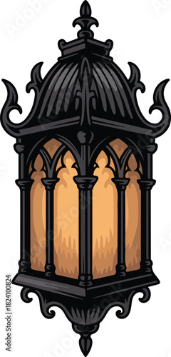 Ornate gothic street lamp vector illustration with glowing warm light and intricate dark metalwork