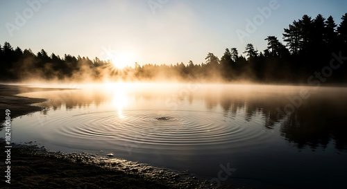 Tranquil lake at sunrise with fog and concentric circles on the water surface