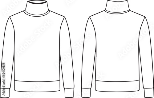 Women’s turtleneck sweater technical flat fashion sketch front and back view with ribbed cuffs and waistband details