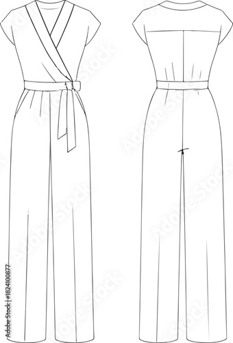 Women’s jumpsuit front and back view , fashion sketch, technical drawing, belted waist, wrap bodice, wide leg pants, cad drawing flat vector illustration