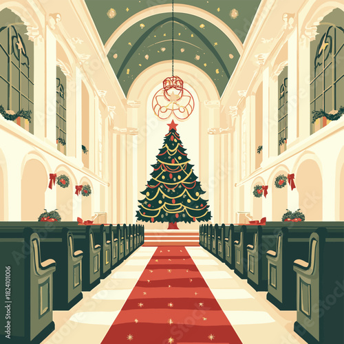 A serene flat design illustration showcasing an empty church pew thoughtfully adorned with a simple Christmas decoration, conveying a sense of joy of welcoming Chrismast