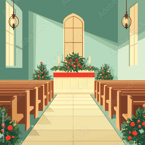 A serene flat design illustration showcasing an empty church pew thoughtfully adorned with a simple Christmas decoration, conveying a sense of joy of welcoming Chrismast
