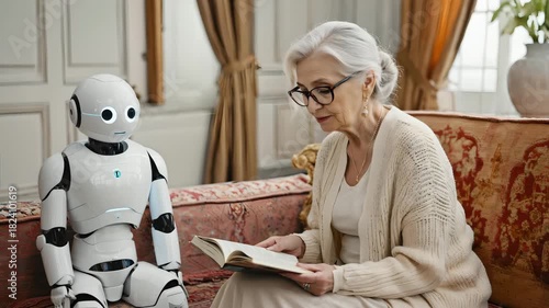 Elderly woman reading a book beside humanoid robot companion in bright living room