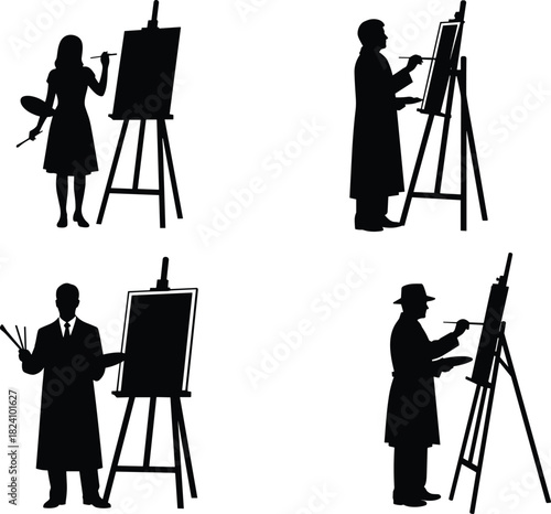 Set of artist silhouettes painting on easel, painters holding brush and palette, creative people drawing, vector illustration collection, isolated on white background, hobby