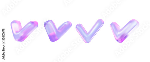  Glossy 3D check mark set with holographic gradient effect. Modern glass tick icon in neon blue and orange hues. Perfect futuristic element for tech approval visuals.