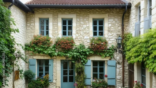 A charming stone country french house with blue shutters, adorned with vibrant flowers and greenery, creating a cozy and inviting atmosphere