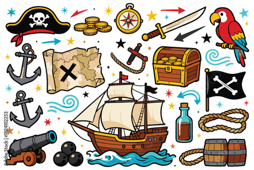 A fun flat-color doodle set featuring pirate elements such as ships, treasure chests, skulls, swords, maps, anchors, parrots, cannons, and adventure symbols, perfect for playful pirate-themed illustra