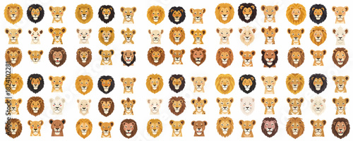 Cute cartoon lion heads set featuring various expressions, ages, and genders, including male lions, lionesses, and adorable cubs, isolated on white background.