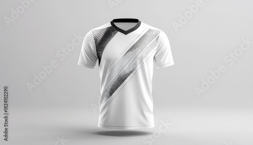 Realistic white sports jersey mockup featuring a modern abstract geometric black and grey stripe design, perfect for athletic apparel branding and team uniform display