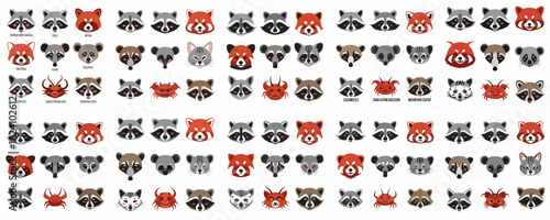 A collection of cute cartoon animal heads featuring raccoons, red pandas, coatis, kinkajous, and a crab, representing diverse Procyonidae family species icons.