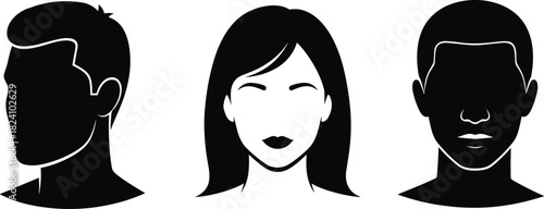 PrintBlack and white face silhouettes, abstract human portraits, vector illustration, modern identity design, minimalist profile art, graphic head icons