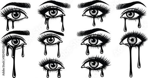 PrintCrying eyes, tear drops, emotional expression, black and white, vector illustration, sadness art, dramatic sketch, stylized tears, face detail