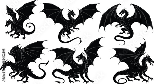 PrintDragon silhouette, flying pose, standing dragon, mythical creature, fantasy design, black and white, vector illustration, winged beast, roaring stance