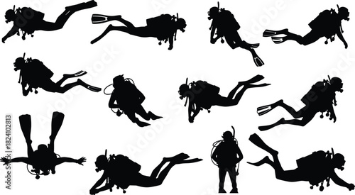 Set of scuba diver silhouettes, swimming underwater with oxygen tanks and flippers, diving sport vector illustration collection, isolated on white background, ocean