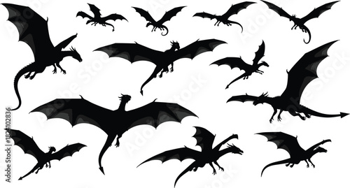 PrintDragon silhouette, flying pose, standing dragon, mythical creature, fantasy design, black and white, vector illustration, winged beast, serpent shape, dramatic art