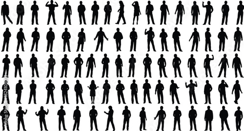 PrintHuman silhouette, standing pose, gesture variety, body language, black and white, vector illustration, crowd layout, posture design, character reference